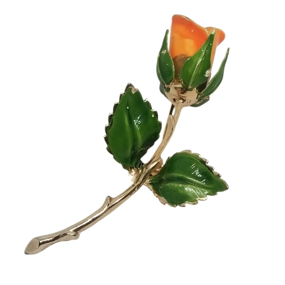 GIOVANNI VINTAGE VIBRANT ORANGE & GREEN ENAMELED GOLDTONE LONG STEM ROSE PIN